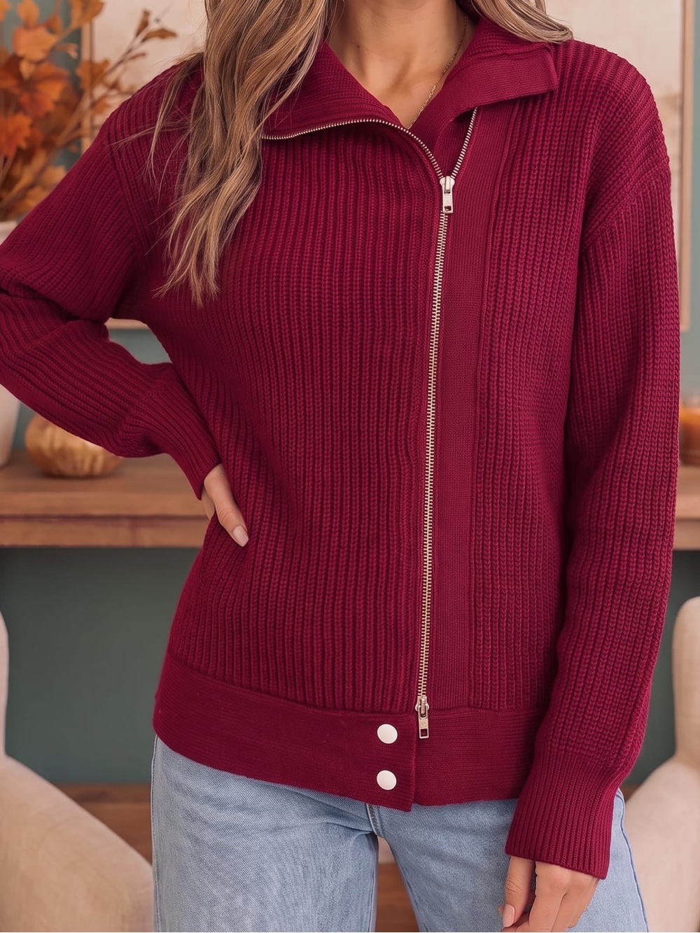 Bibi Brand New Women's Zip-Front Ribbed Sweater Cardigan - Burgundy